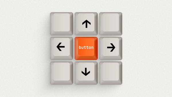 Grid of nine keyboard-like buttons arranged in a 3×3 layout. The center button is bright orange with the word “button” on it